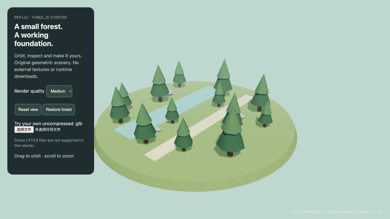 Included geometric forest scene with render quality selector, orbit controls and local GLB file picker